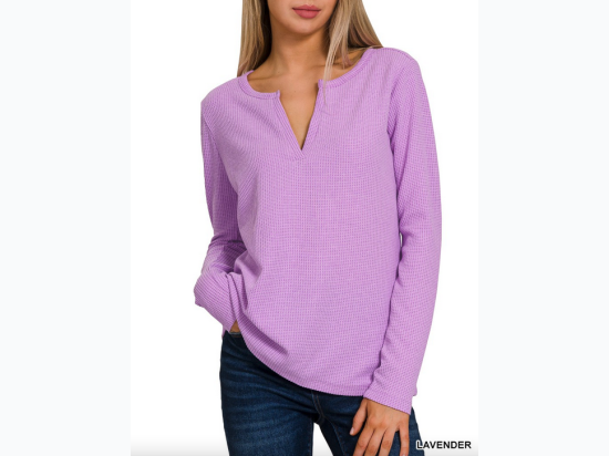 Women's Melange Baby Waffle Long Sleeve V-Neck Top - 3 Color Options