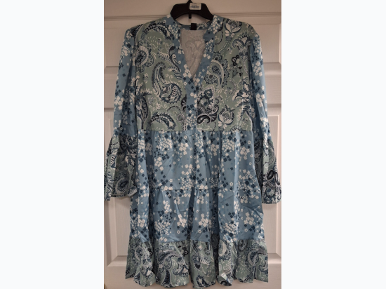 Women's V-Neck Long Sleeve Boho Floral Loose Midi Dress in French Blue