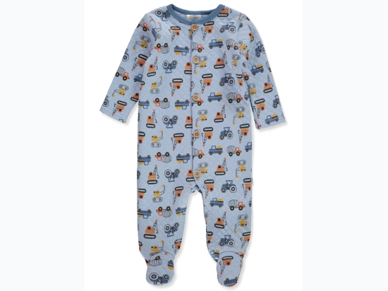 Baby Boy Quilted Trucks Pattern Footed Coveralls in Blue