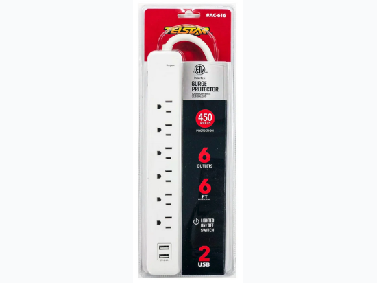 6 Outlet power strip /Surge Protector 6Ft with USB Ports - in White