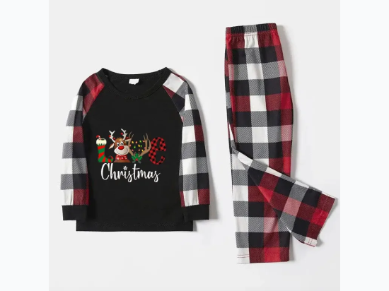 Unisex Kid's Reindeer Love Red & Black Plaid Pajamas