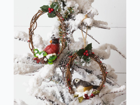 2 Pack Ornament Set - Resin Birds on Twig Wreath