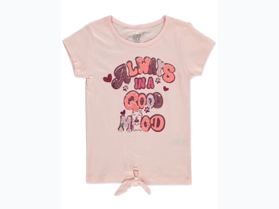 Girl's Paw Print Always in a Good Mood Reverse Sequin T-Shirt