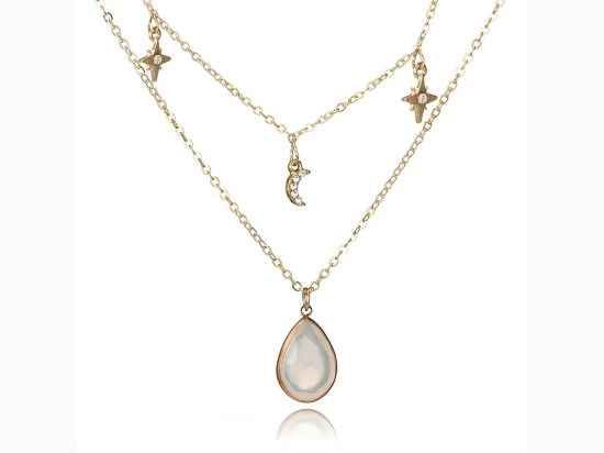 Women's Star Moon Faceted Tear Drop Layered Necklace in Gold