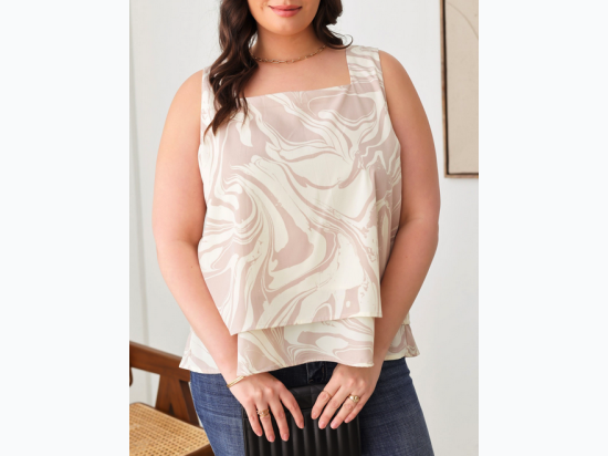 Plus Size Marbled Print Sleeveless Ruffle Hem Square Neck Top