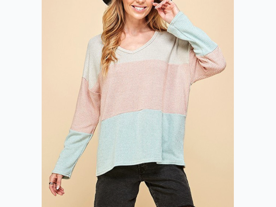 Women's Taupe/Peach/Mint Colorblock V Neck Long Sleeve Top