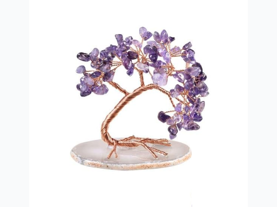 Small Curved Gemstone Wire Tree on Polished Quartz Base - Amethyst