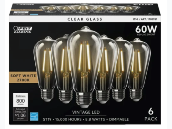 FEIT 6 Pack ST19 LED Clear Vintage Dimmable Soft White Light Bulbs