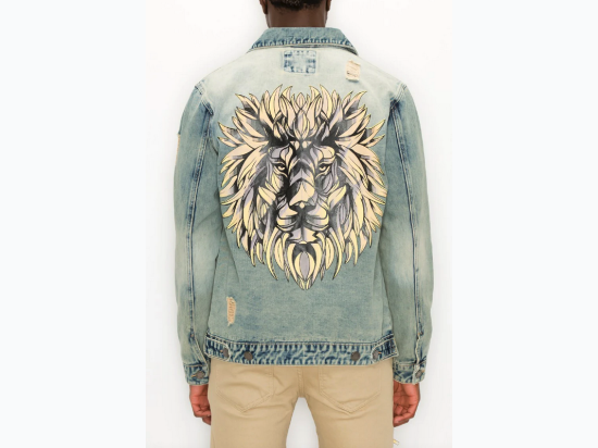 Distressed Lion Denim Jacket in DESERT BLUE