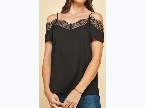 WOMEN'S CAMI STRAP LACE DETAIL OPEN SHOULDER TOP IN BLACK