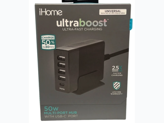 iHome Ultraboost 5 Port 18W 6.4 Amp USB Power Hub with USB C Port in Black