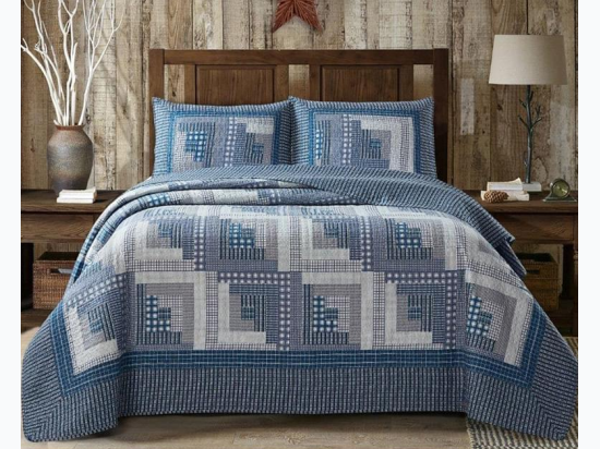 "Montana Cabin Blue/Gray" Patchwork Quilt Set - King Size