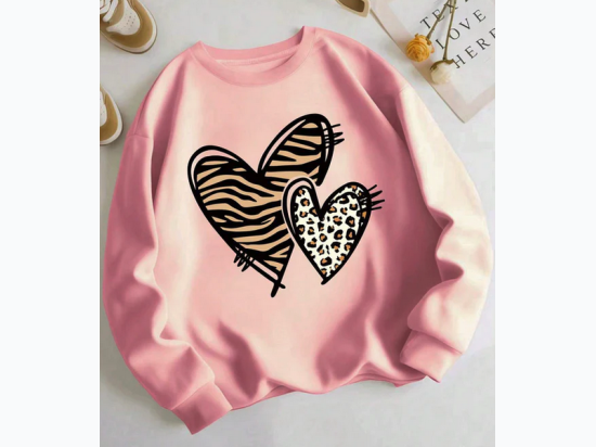 Women's Leopard & Stripe Printed Heart Long Sleeve Sweatshirt In Pink