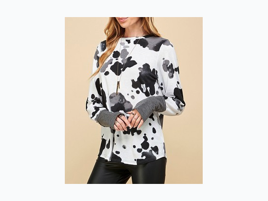 Women's Cow Print Long Sleeve Top With Open Thumb Cuff - 2 Color Options