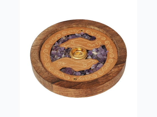 Healing Hands Amethyst Wood Incense Holder -  3" D