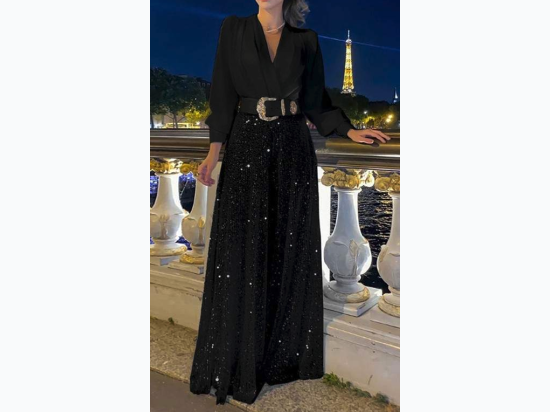 Women's SEQUIN WIDE LEG JUMPSUIT in Black