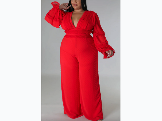 Plus Size V-Neck Lace Trim Jumpsuit - 2 Color Options