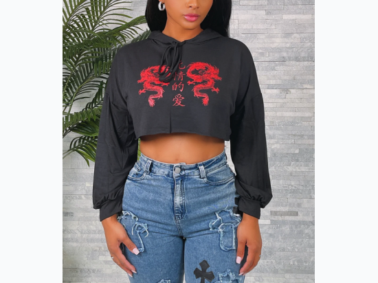 Women's Twin Dragon Crop Hoodie - 2 Color Options