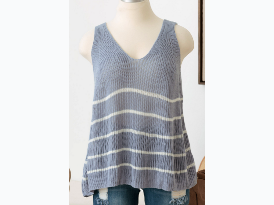 Plus Size  Sleeveless V-Neck Striped Sweater Top in Cement