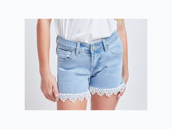 Girls Mid-Rise Denim Shorts With Lace Trimmed Hem in Light Wash