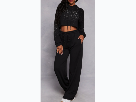 Junior's French Terry Set with Cropped Rhinestone Embellished Top in Black