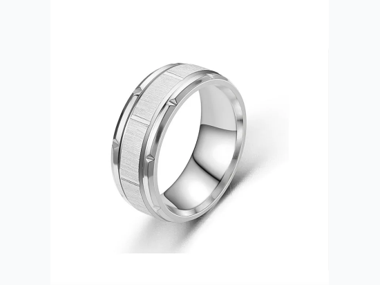 Men's Titanium Steel Brushed Etched Wedding Band Style Ring in Silver