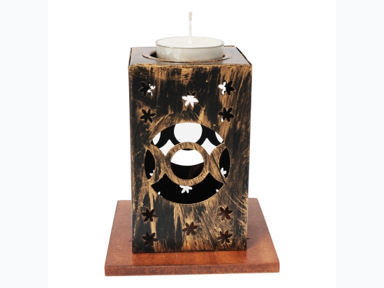 Metal Tea Light Holder w/ Matching Carved Base - Triple Moon - 4"