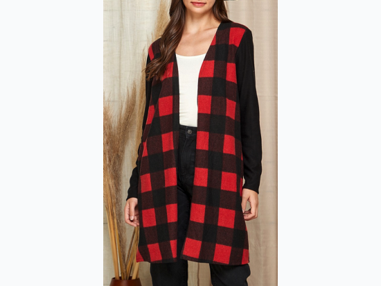 WOMEN'S CHECKER PLAIDED OPEN FRONT DRAPED CARDIGAN - 2 COLOR OPTIONS