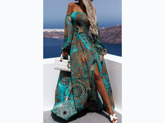 Women's TRIBAL PRINT OFF SHOULDER CORSET SLIT MAXI DRESS