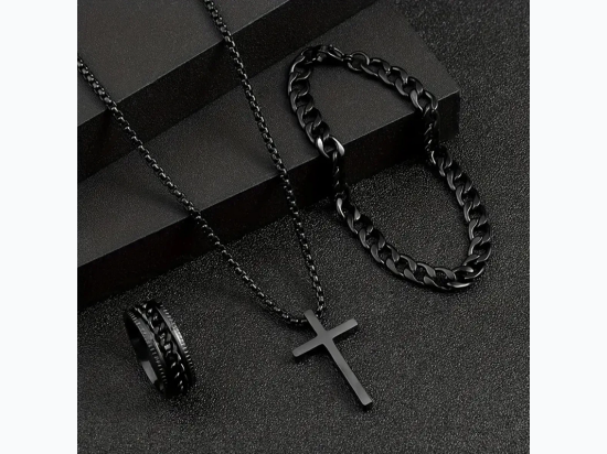 Women's Chain Link Necklace, Bracelet & Ring Set in Black