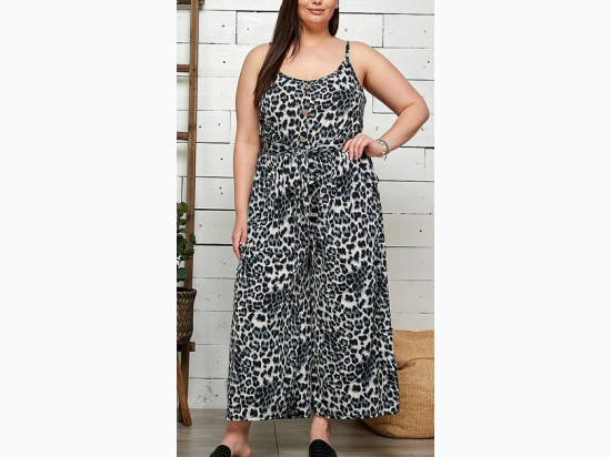 PLUS SIZE ANIMAL PRINT WAIST TIE WIDE-LEG JUMPSUIT - Grey Leopard