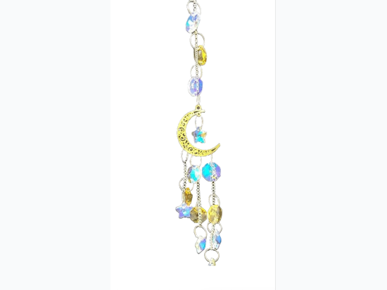 Golden Crescent Moon Gemstone Sun Catcher Window Hang - 14" L