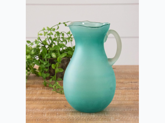 Large Frosted Teal Glass Pitcher