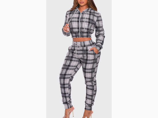 Women's 2PC PLAID Cropped Drawstring Hoodie and Highwaist Jogger - 3 Color Options