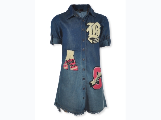 Girl's Button Down Varsity Patch Raw Hem Denim Dress w/ Pink