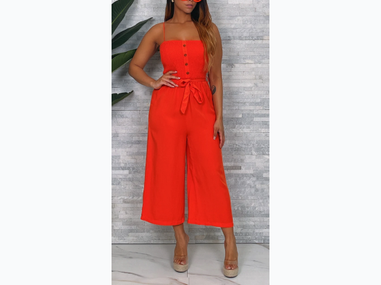 Junior's Spaghetti Strap Wide Leg Jumpsuit in Orange