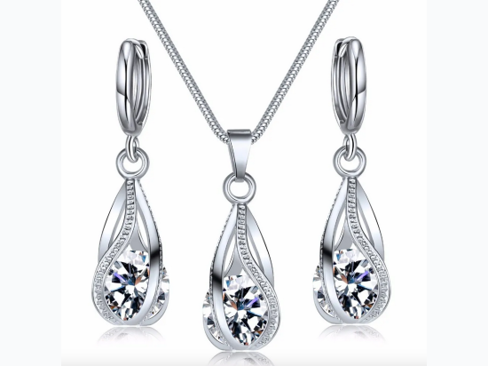 Women's Encased Loose White Zircon Swirl Teardrop  Necklace & Earring Set