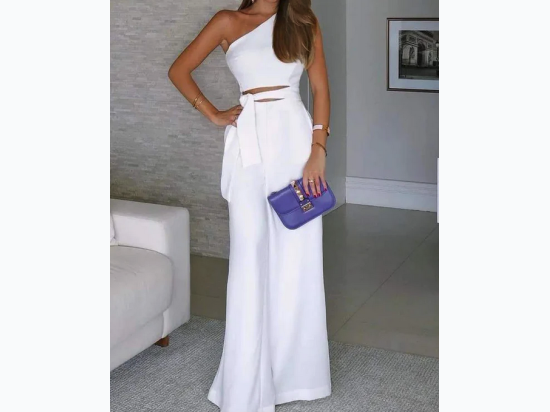 Women's One Shoulder Cutout Tie Waist Wide Leg Jumpsuit in White