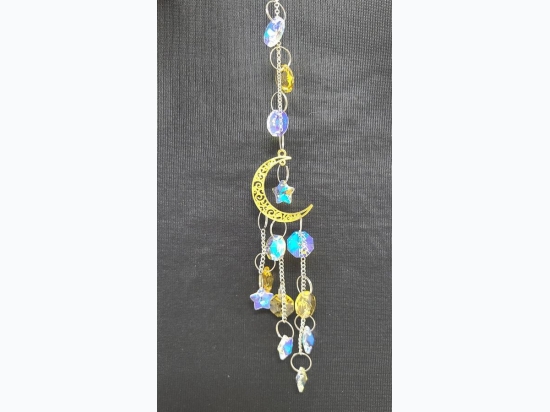 Golden Crescent Moon Gemstone Sun Catcher Window Hang - 14" L