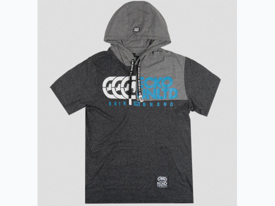 Men's Ecko Unlimited Short Sleeve Hoodie Shirt in Marled Black with Blue and White Lettering