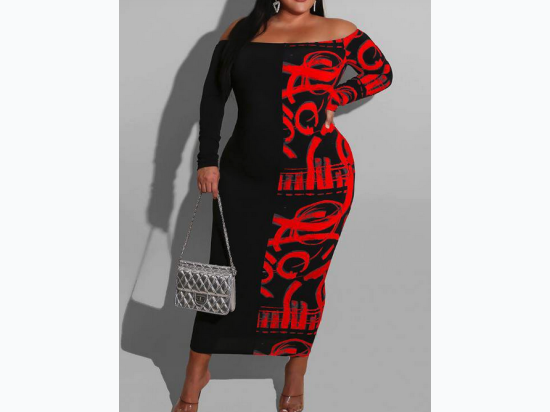 Plus Size Colorblock Off Shoulder Long Sleeve Maxi Dress - 2 Color Options