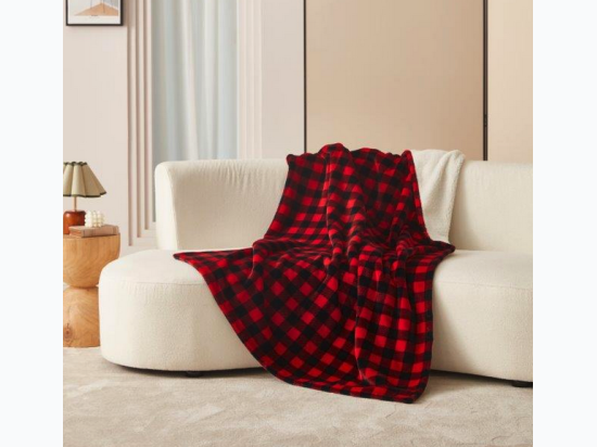 Red and Black Plaid - Footed Flannel Throw