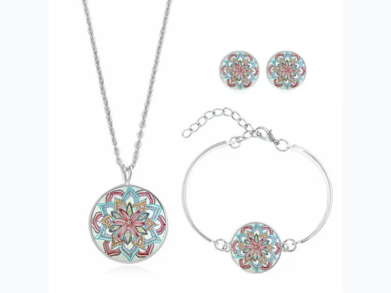 Retro Boho Mandala Cabochon Style 4pc Jewelry Set in Pink/Blue