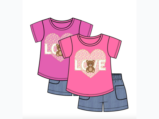 Infant Girl's Love Heart Bear Screen Top & Chambray Shorts Set