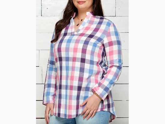 Plus Size Non-Stretch Color Plaid Cotton Patch Top - 2 Color Options