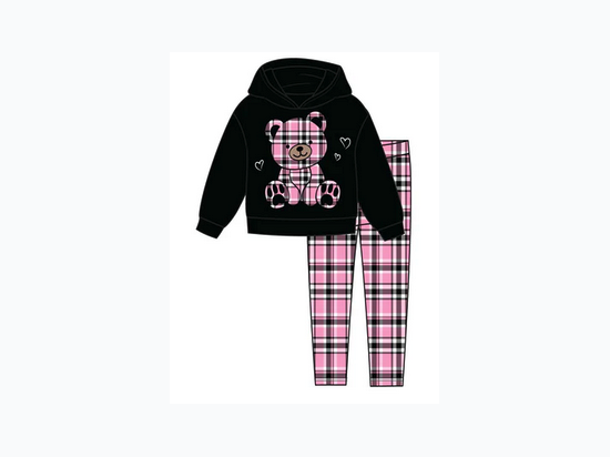 GIRLS PINK Plaid Teddy Bear Hooded Fleece Plaid Legging - Black & Pink