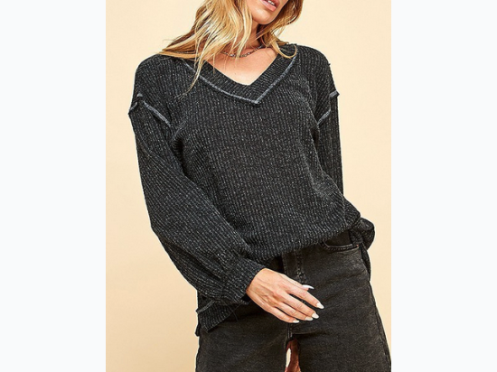 Women's Knit Solid Long Sleeve Loose Wide Neck Top - 3 Color Options