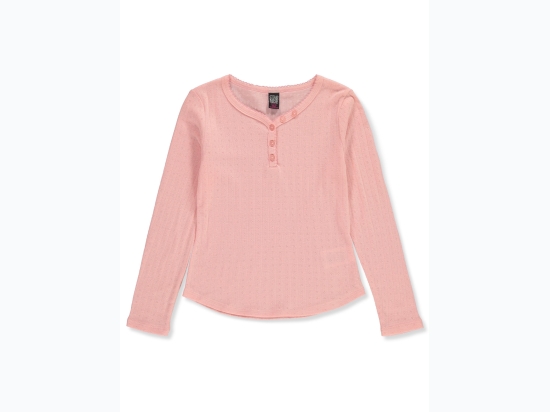 Girl's Star Ride Pointelle Faux Button Y-Neck Top in Blush