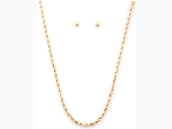 Gold Tone Rope Necklace & Stud Earring Set