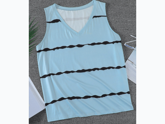 Plus Size Blue Grey Stripe Print V Neck Tank